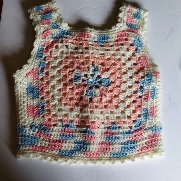 Vintage Y2K Blue Pink White Grannycore Granny Square Crocheted Crop Sweater … - Picture 2 of 12